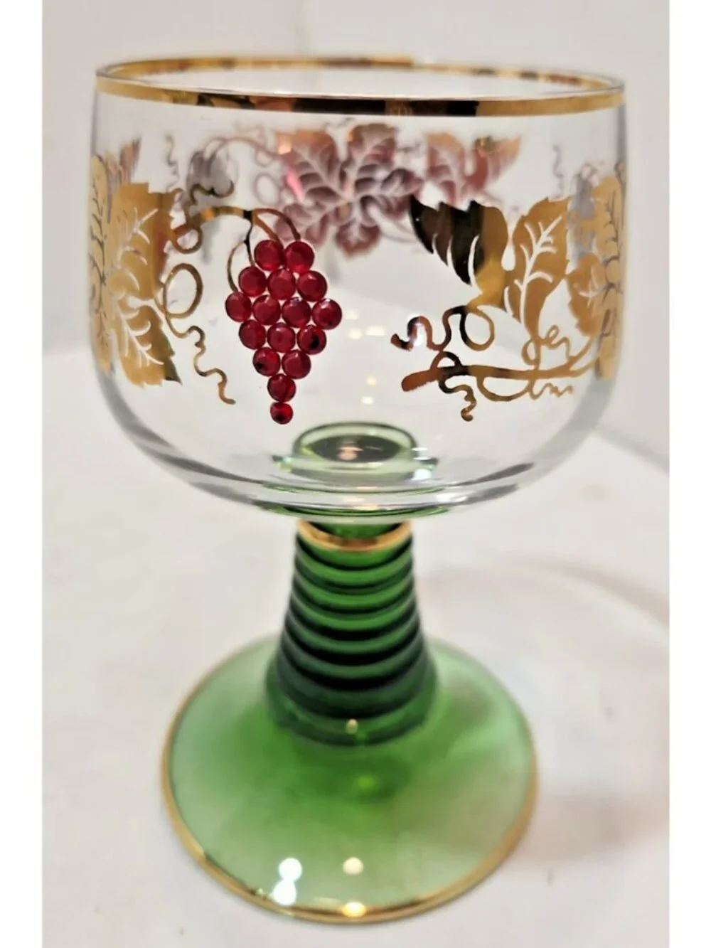 Vtg W. Germany Roemer Wine Glasses Green Beehive Stem Red Jeweled Grapes W/Gold